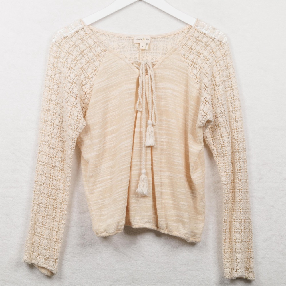 MEADOW RUE Anthropologie Crochet‎ Lace Tie Neck Pullover Top Cream Womens Sz S
